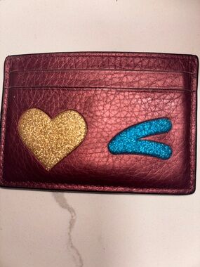 Coach Metallic Burgundy Card Holder with Gold Heart & Blue Accent